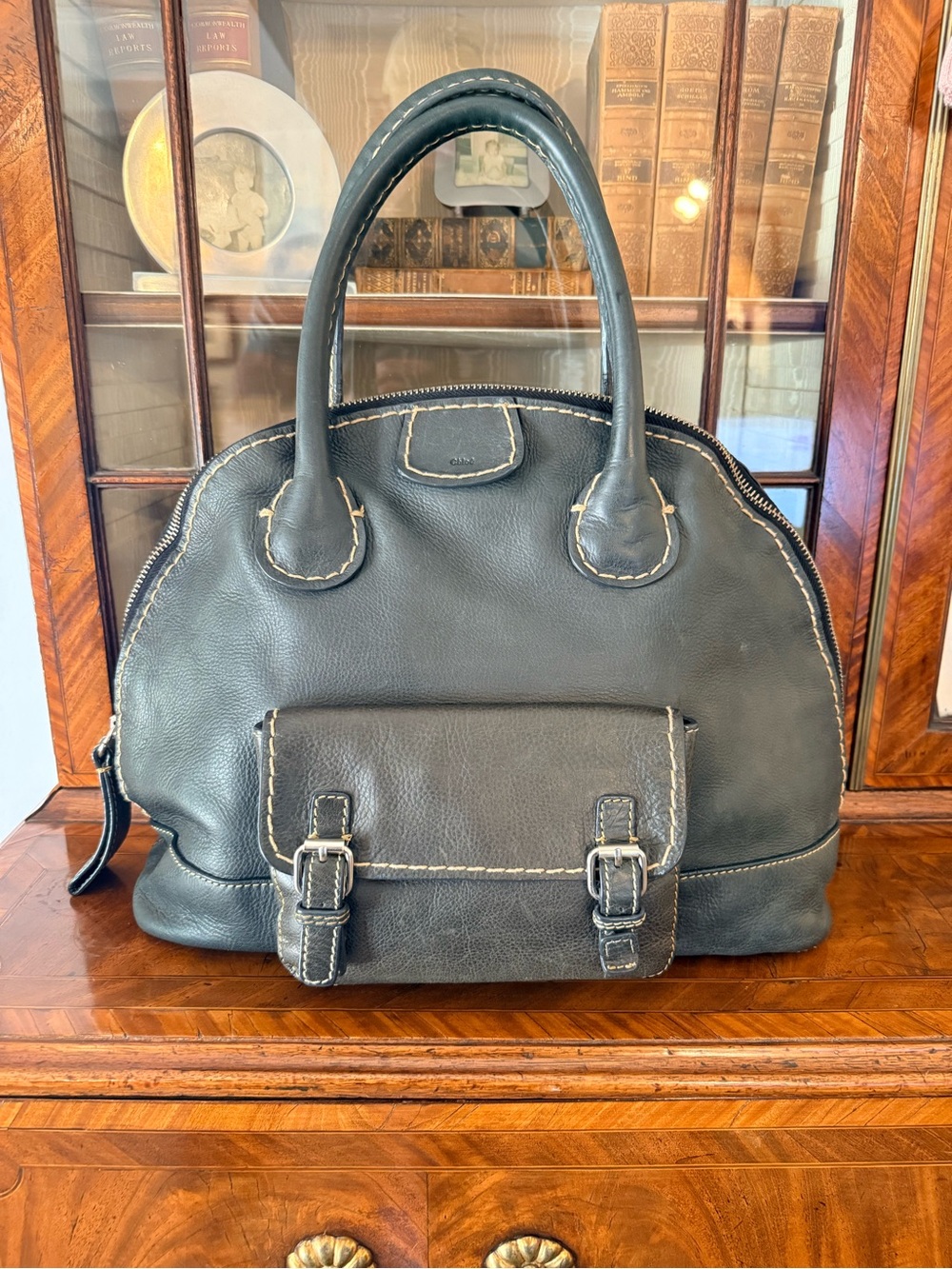 Chloe Edith Black Bowling Bag Leather Satchel with Contrast Stitching